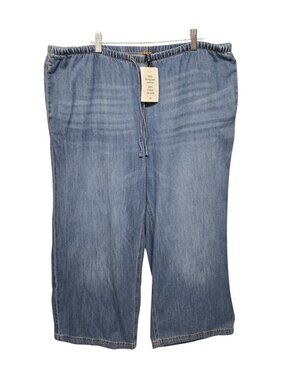 Womens Chambray Jeans L Baggy Wide Leg Ankle Crop Pull-On Lightweight Flowy